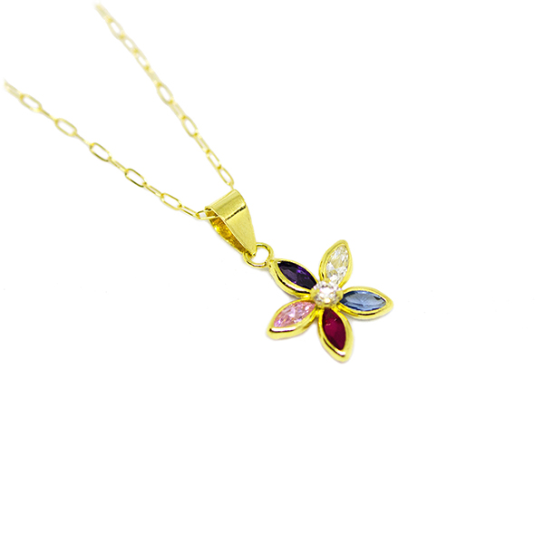 Colar Flor com Zirc�nias Coloridas em Ouro 18 Kilates - 21161